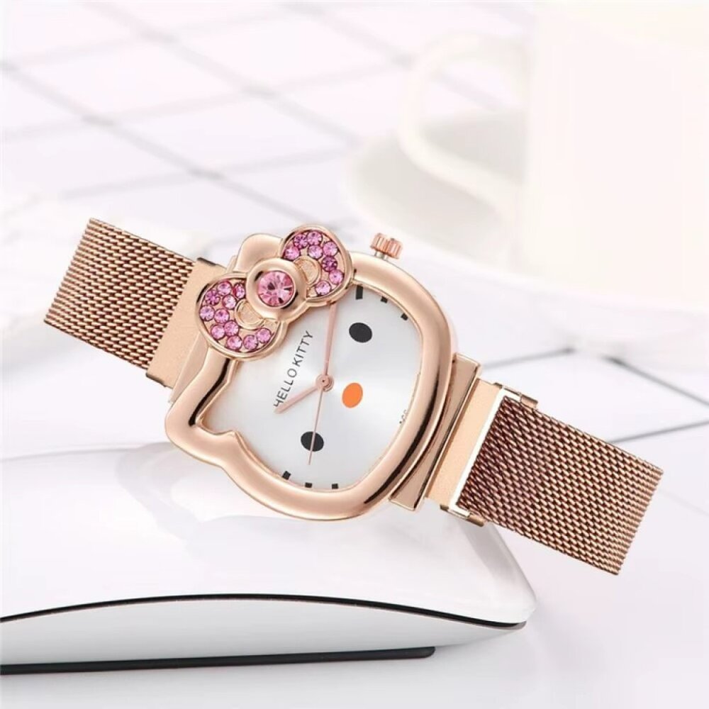Hello Kitty Watch Rose Gold Tone Kitty Face Pink Bow w/ Crystals Mesh Band NEW